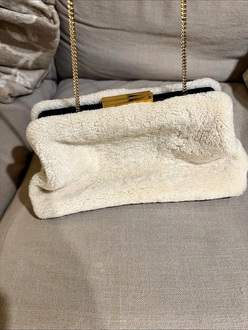 Demellier Florence Shearling Clutch in Ivory & Black